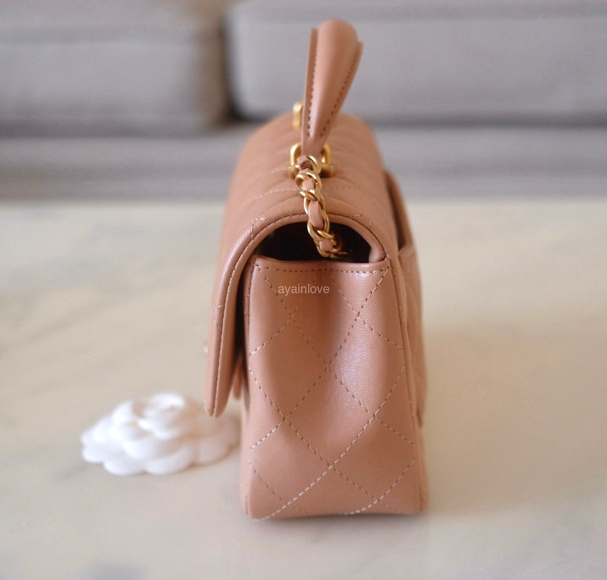 CHANEL Beige Lamb Skin Microchipped Top Handle Mini Flap Bag Gold