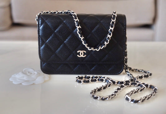 CHANEL Black Caviar Mini Wallet on Chain Silver Hardware