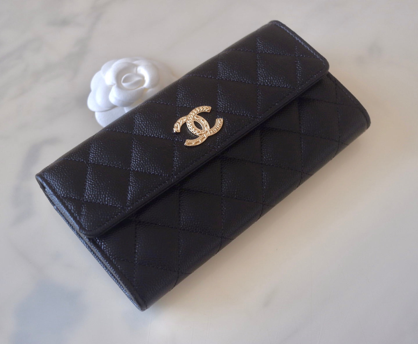 CHANEL 22K Black Caviar Long Flap Wallet Oversized CC Light Gold