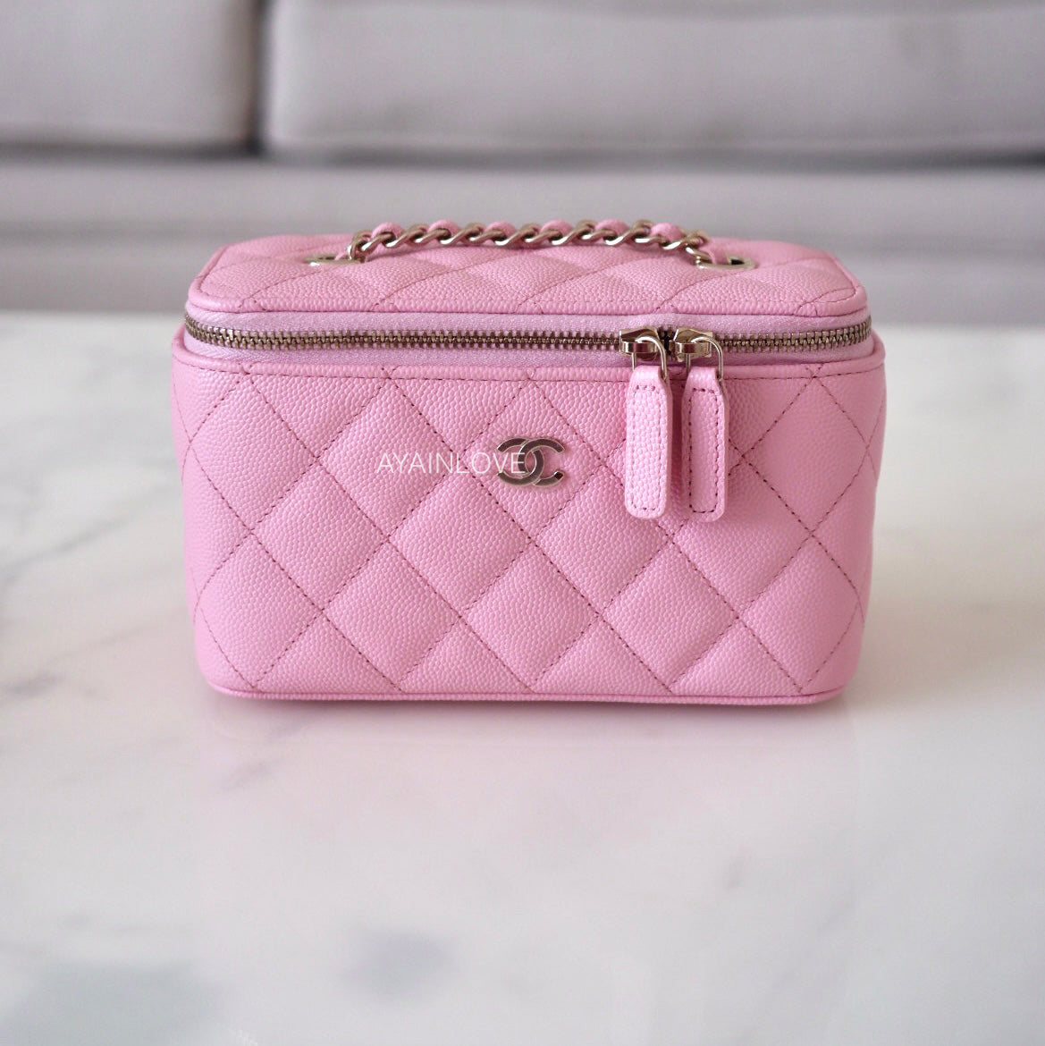 Chanel Pink Quilted Caviar Micro Vanity Case Pale Gold Hardware, 2022 (Like New), Womens Handbag