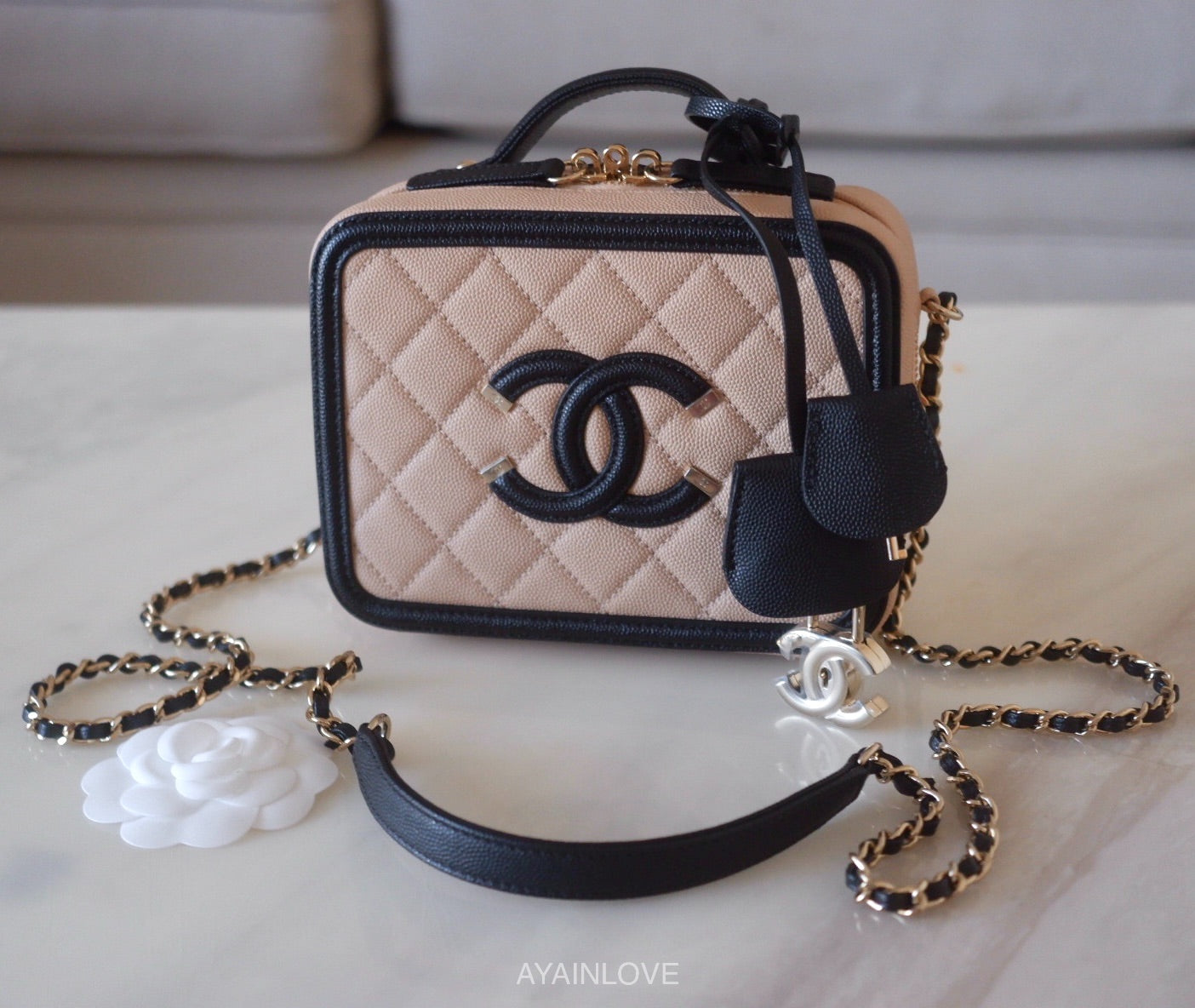Chanel Quilted Small CC Filigree Vanity Case Beige Black Caviar – Coco  Approved Studio