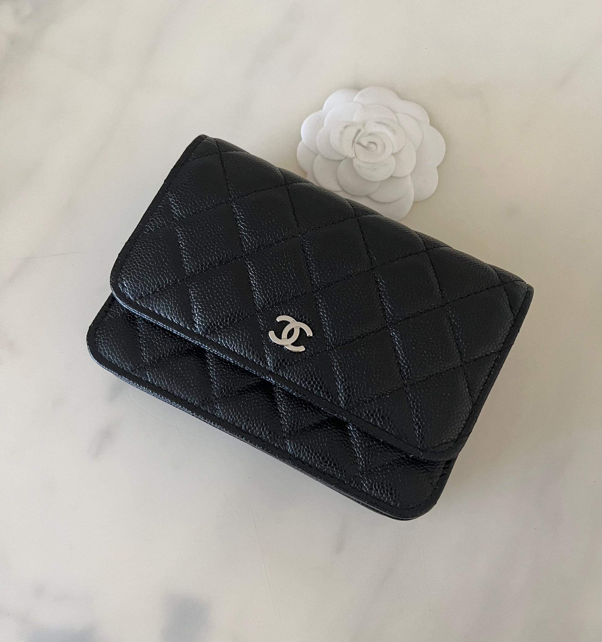 CHANEL Black Caviar Mini Wallet on Chain Silver Hardware
