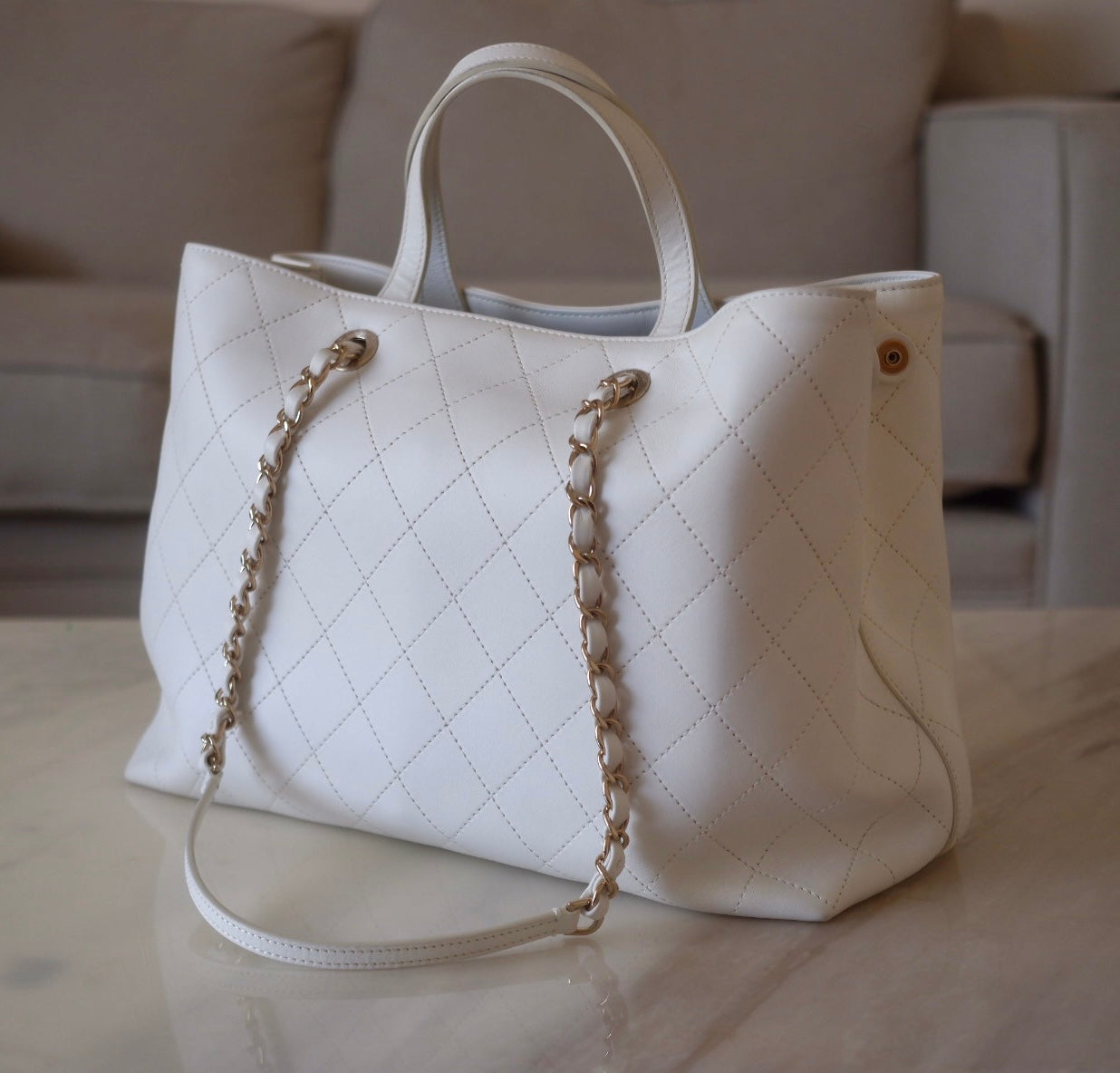 Chanel White Goatskin Medium 19 Flap Gold and Ruthenium Hardware, 2020 (Like New), Womens Handbag
