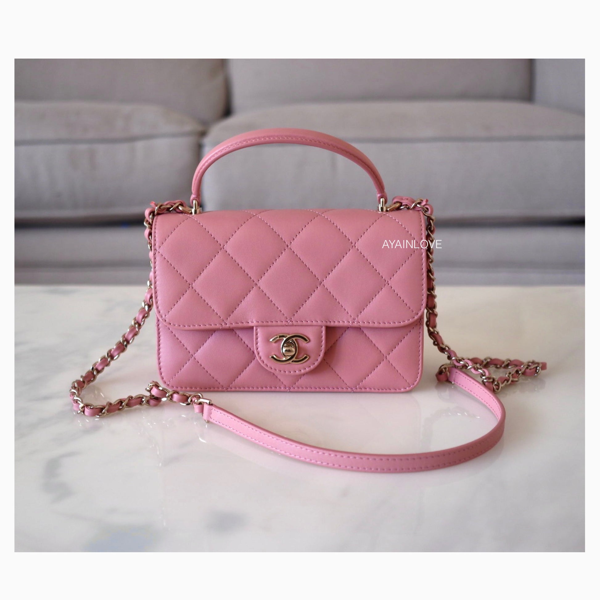 Chanel Lambskin Quilted CC Pearl Crush Mini Rectangular Flap Dark Pink