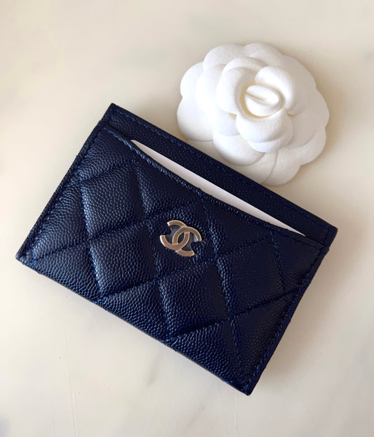 CHANEL 22A Navy Blue Caviar Flat Card Holder Light Gold Hardware