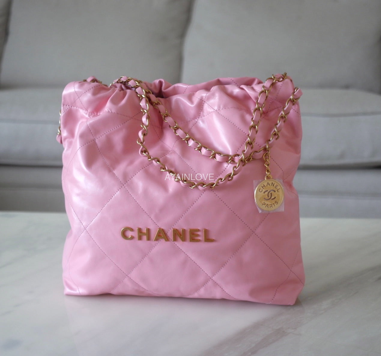 CHANEL Pink Calf Skin Small 22 Bag Brushed Gold Hardware
