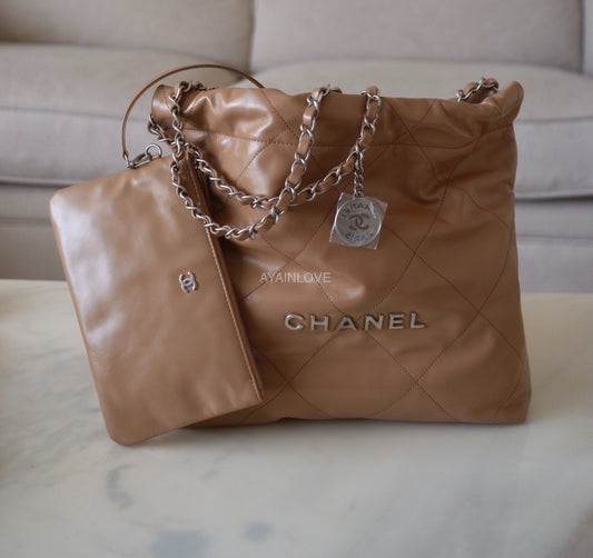 CHANEL 22K Beige Calf Skin Small 22 Bag Matte Silver Hardware