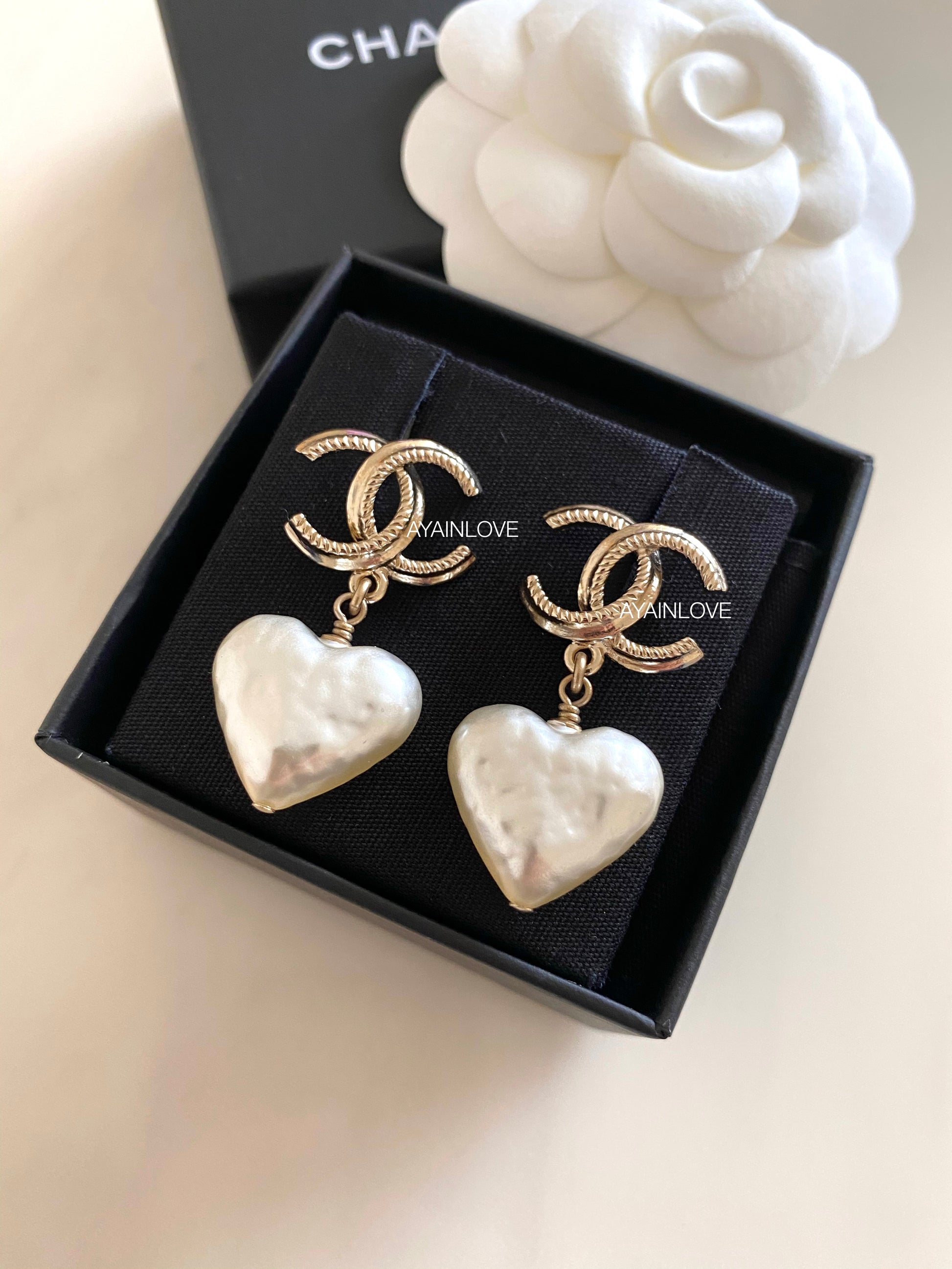 Chanel Gold Fuchsia Ribbon Bow CC Pearl Dangle Hoop Earrings - 2 Pieces