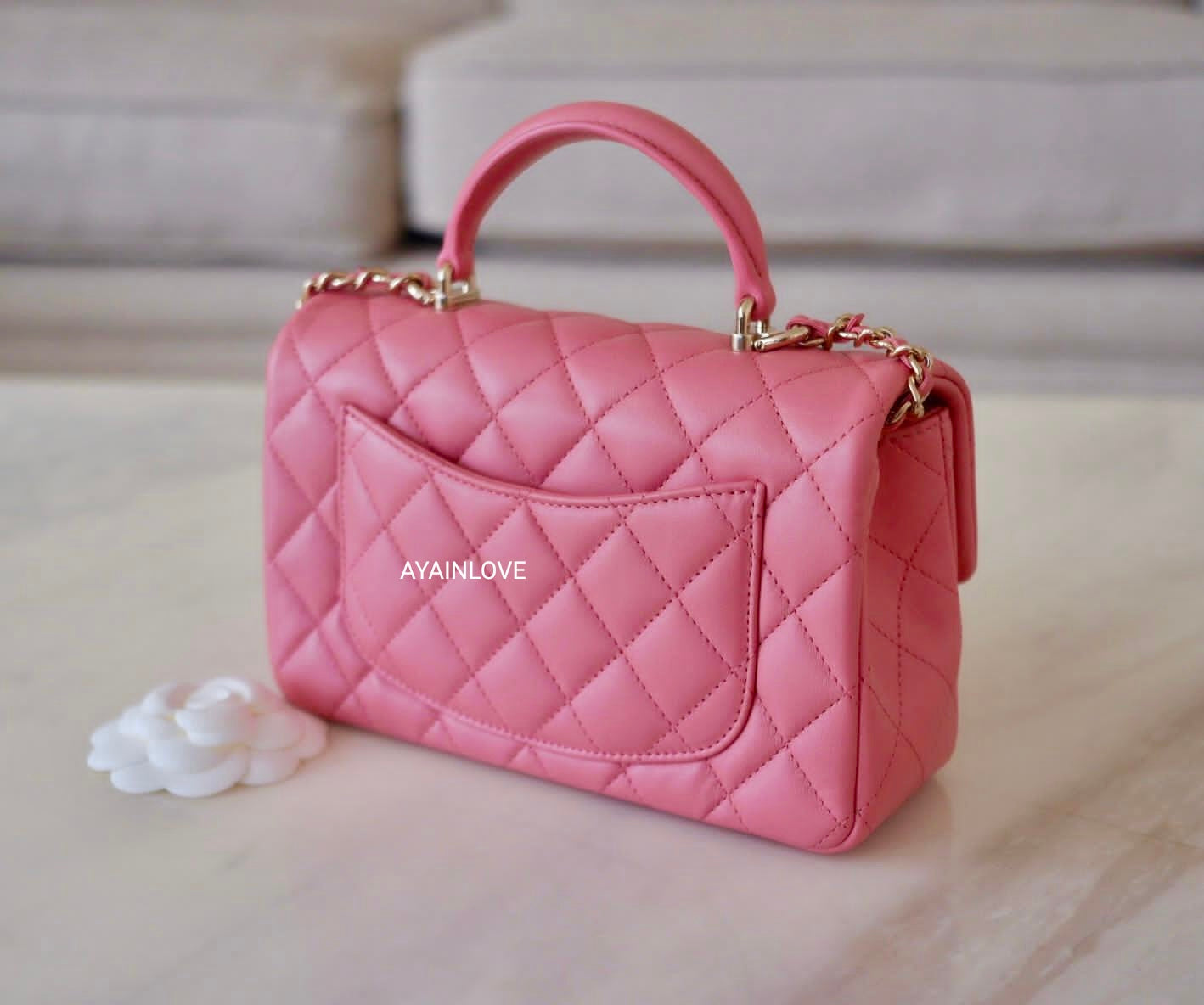 CHANEL Lambskin Quilted Mini Rectangular Flap Neon Pink 741124