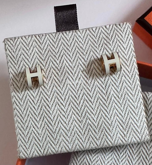 HERMES H Mini Pop Earrings White Blanc Rose Gold Hardware