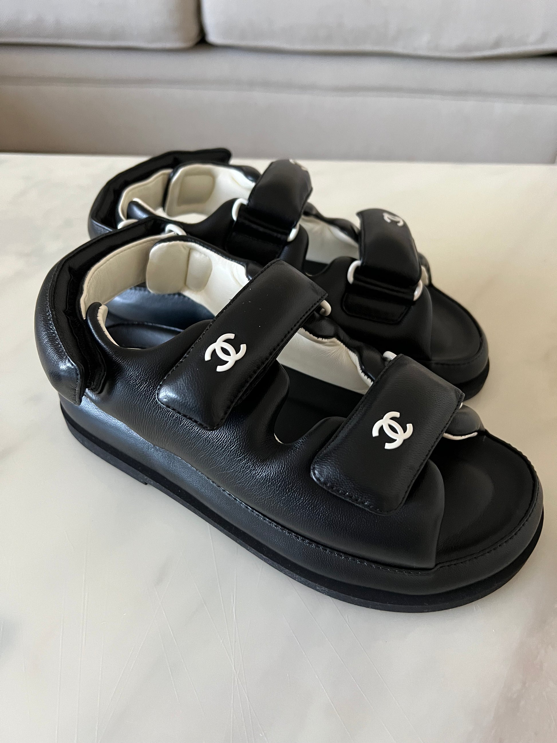 Chanel Black Leather Embellished CC Flat Espadrille Slides Size 38.5