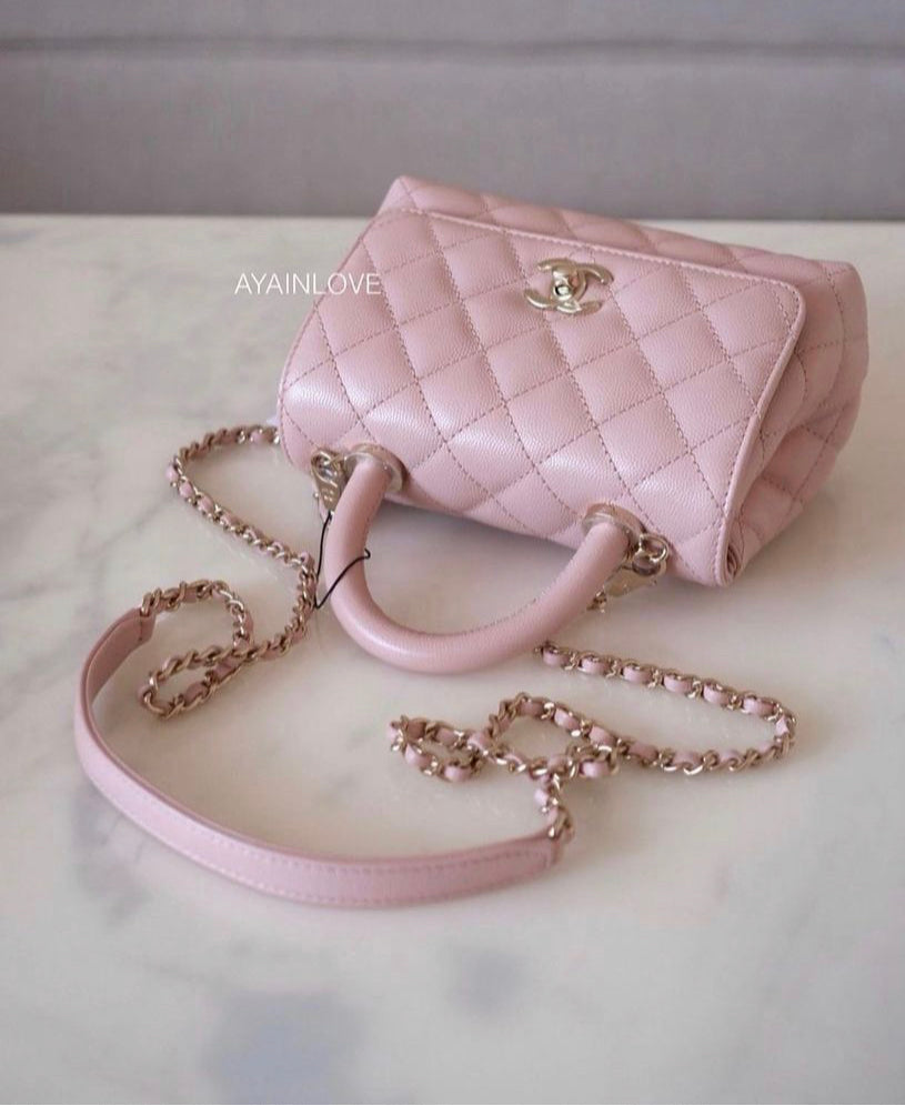 Chanel Mini/Small Coco Handle 20A Light Pink Quilted Caviar with light gold  hardware