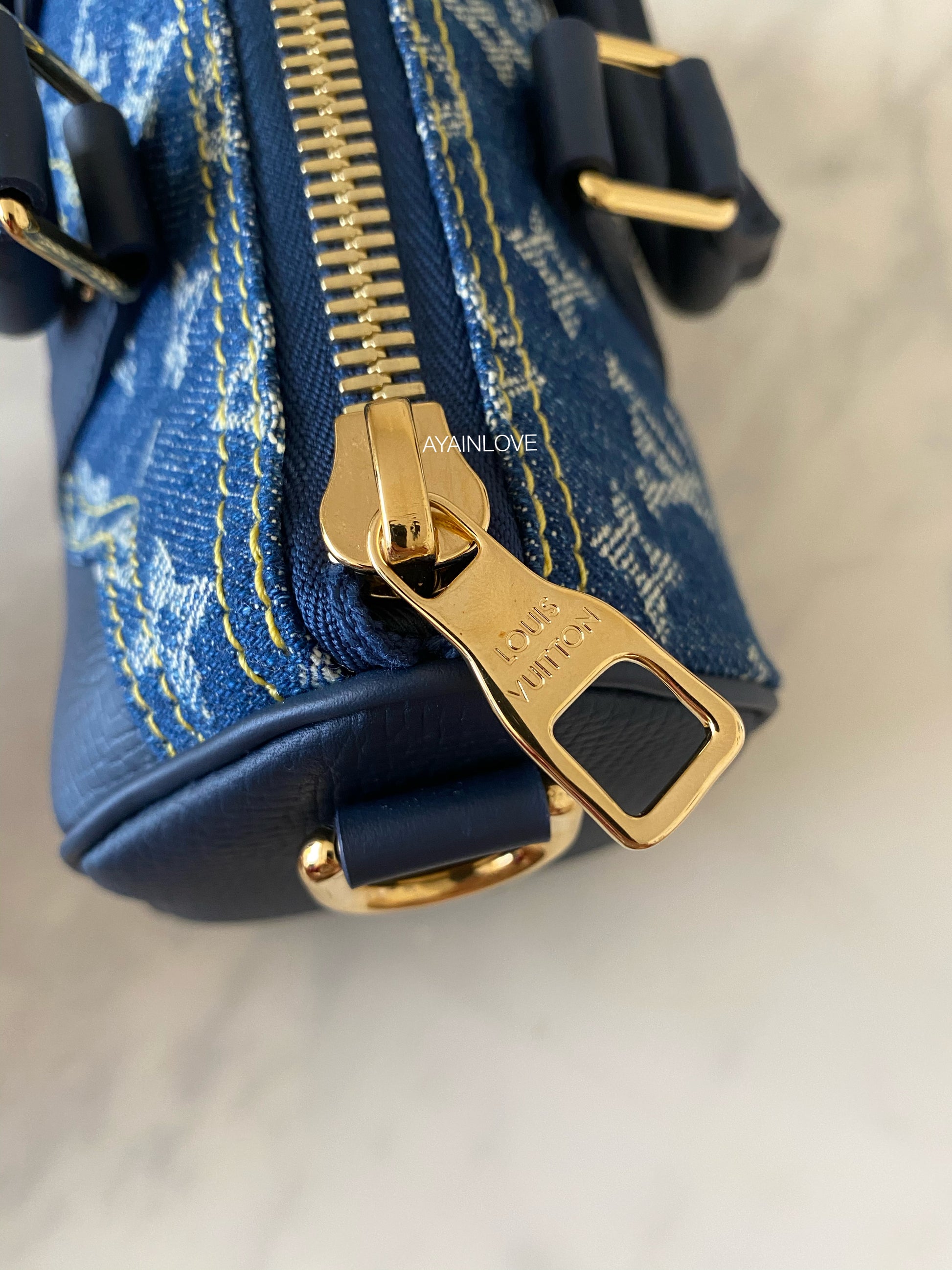 KEEPALL XS BLUE MONOGRAM DENIM AND NAVY BLUE LEATHER GOLD HARDWARE *NE –  AYAINLOVE CURATED LUXURIES