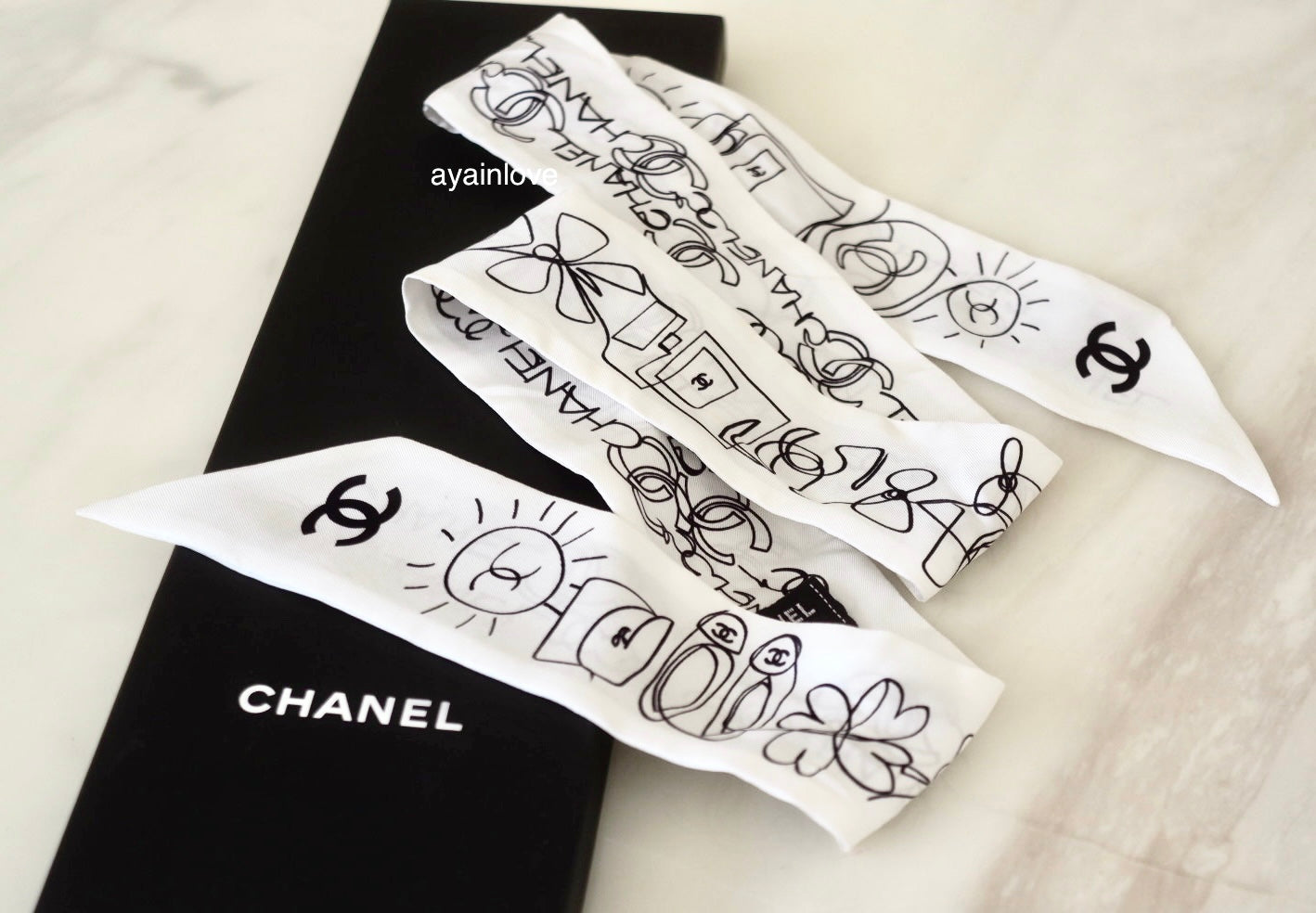 Chanel White and Black Ribbon Silk Scarf
