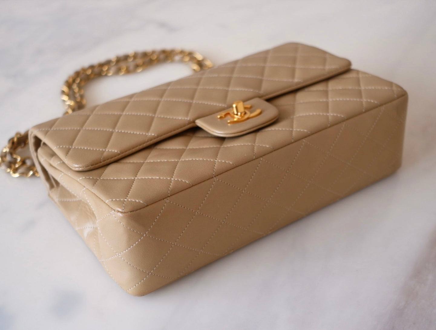 CHANEL Vintage Beige Lamb Skin Medium Classic Flap 24K Gold Plated Har –  AYAINLOVE CURATED LUXURIES