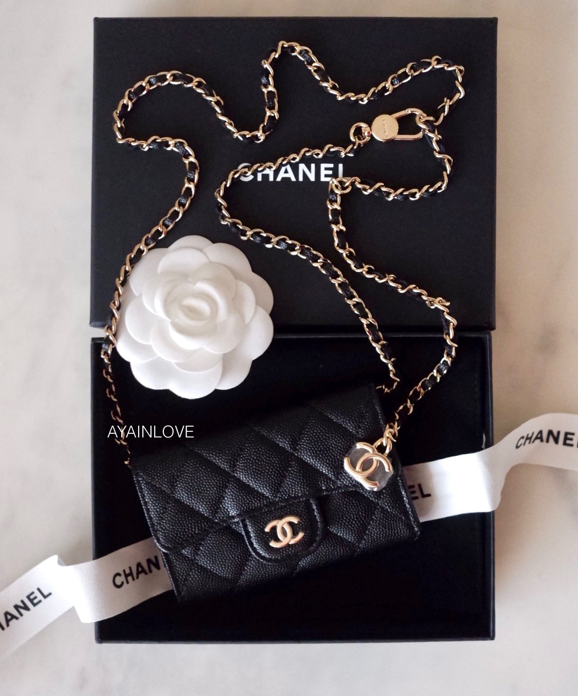 Chanel Black Quilted Caviar Mini Flap Card Holder On Chain Leather