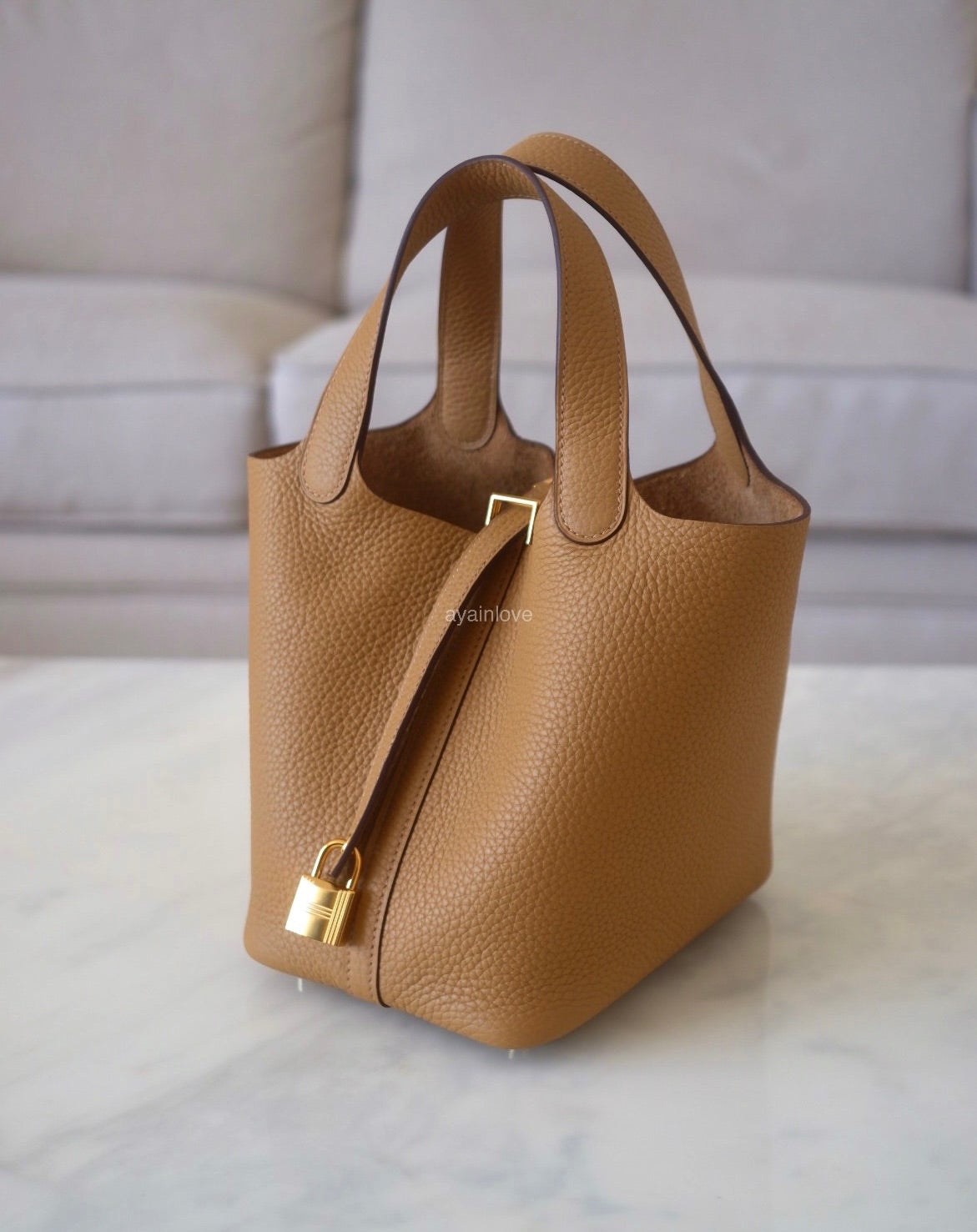 Hermes Gold Brown Nata Picotin Lock 18 PM Hardware Handbag Bag