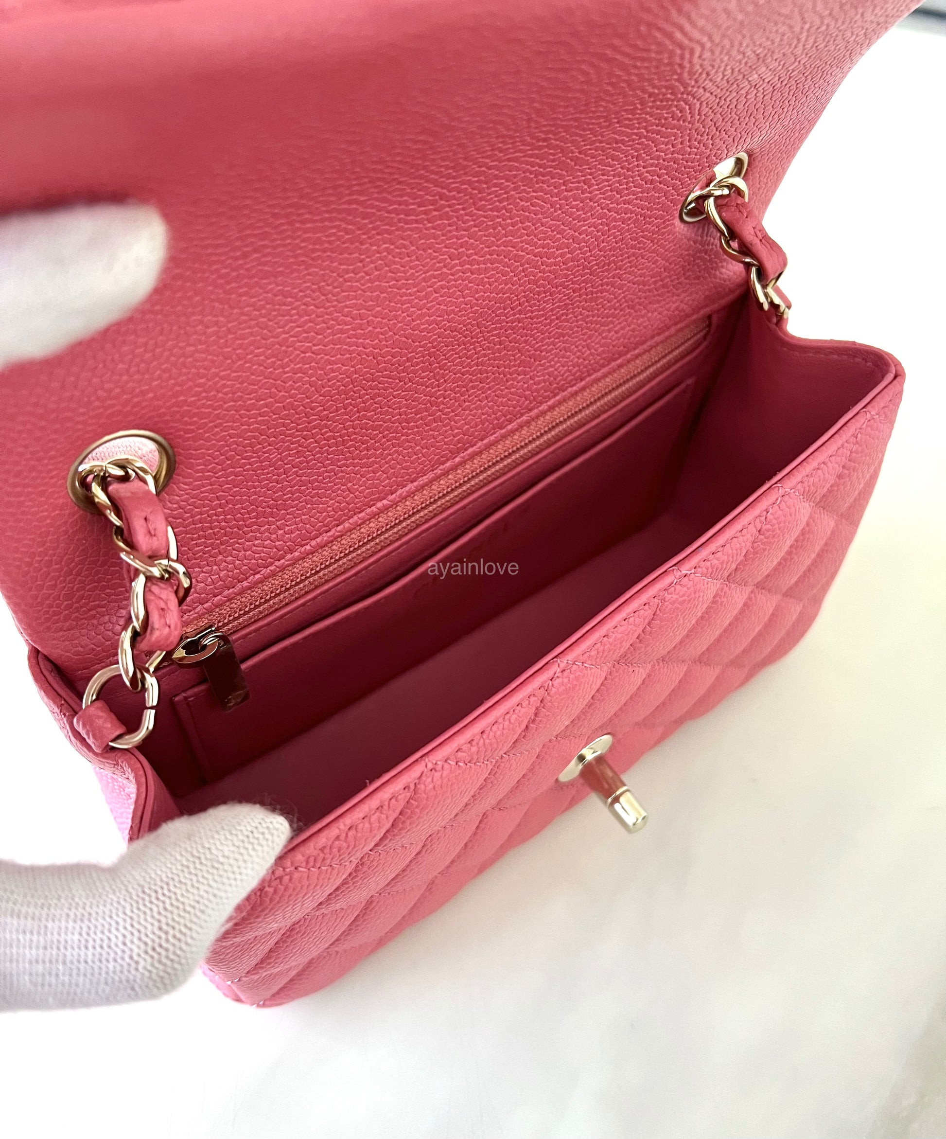 CHANEL 18S Pearly Pink Caviar Rectangular Mini Flap Bag Light Gold Hardware