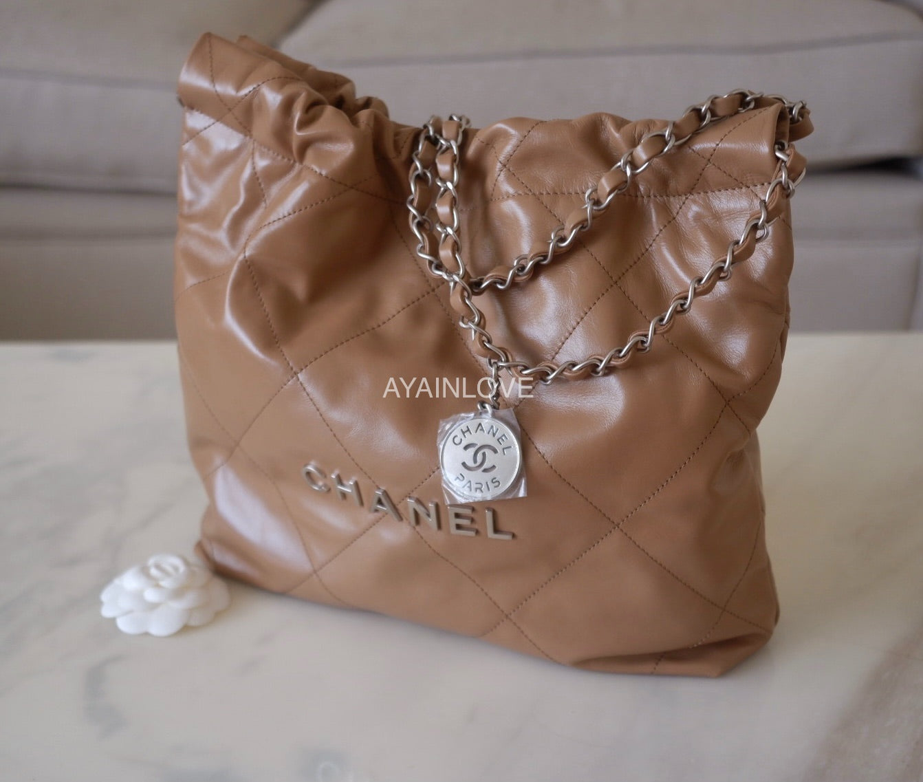 Chanel Deauville Tote Small, Beige with Silver Hardware, Preowned