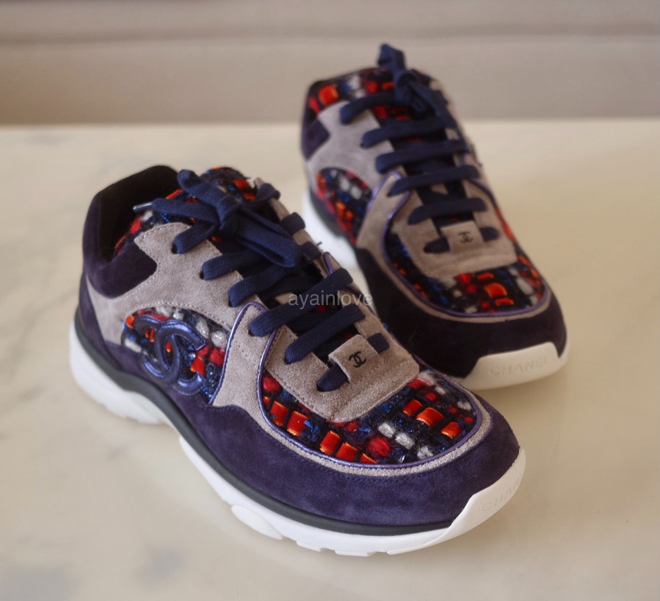 CHANEL 18A Multicolour Blue Red Tweed and Suede Calfskin Sneakers