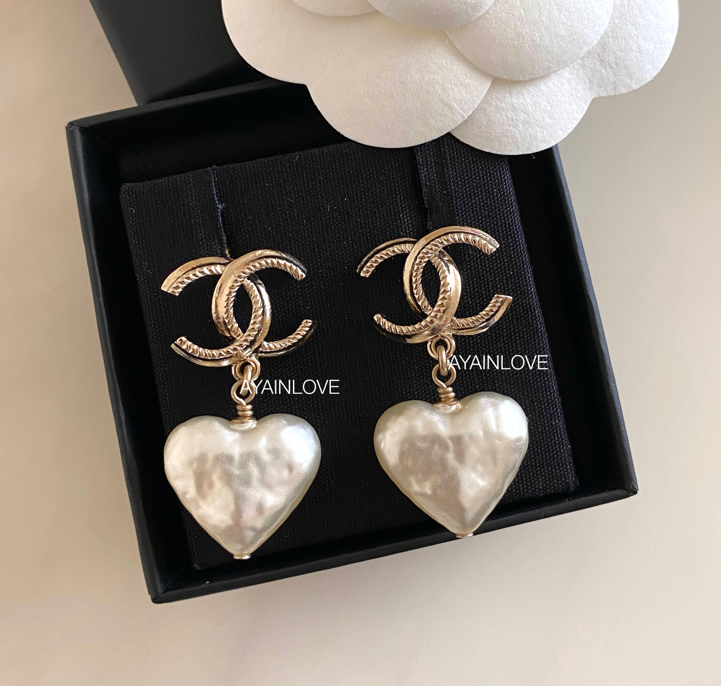 CHANEL 22C Heart Pearl Drop Earrings Light Gold Hardware