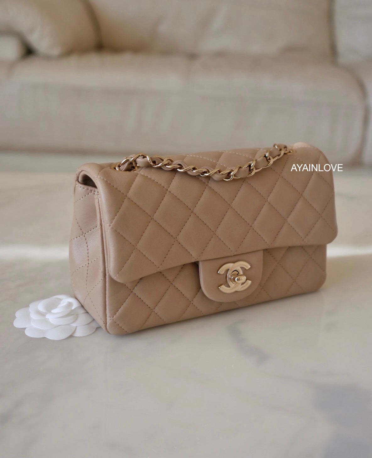Chanel 21S Beige Caviar Leather Mini Classic Flap with Handle