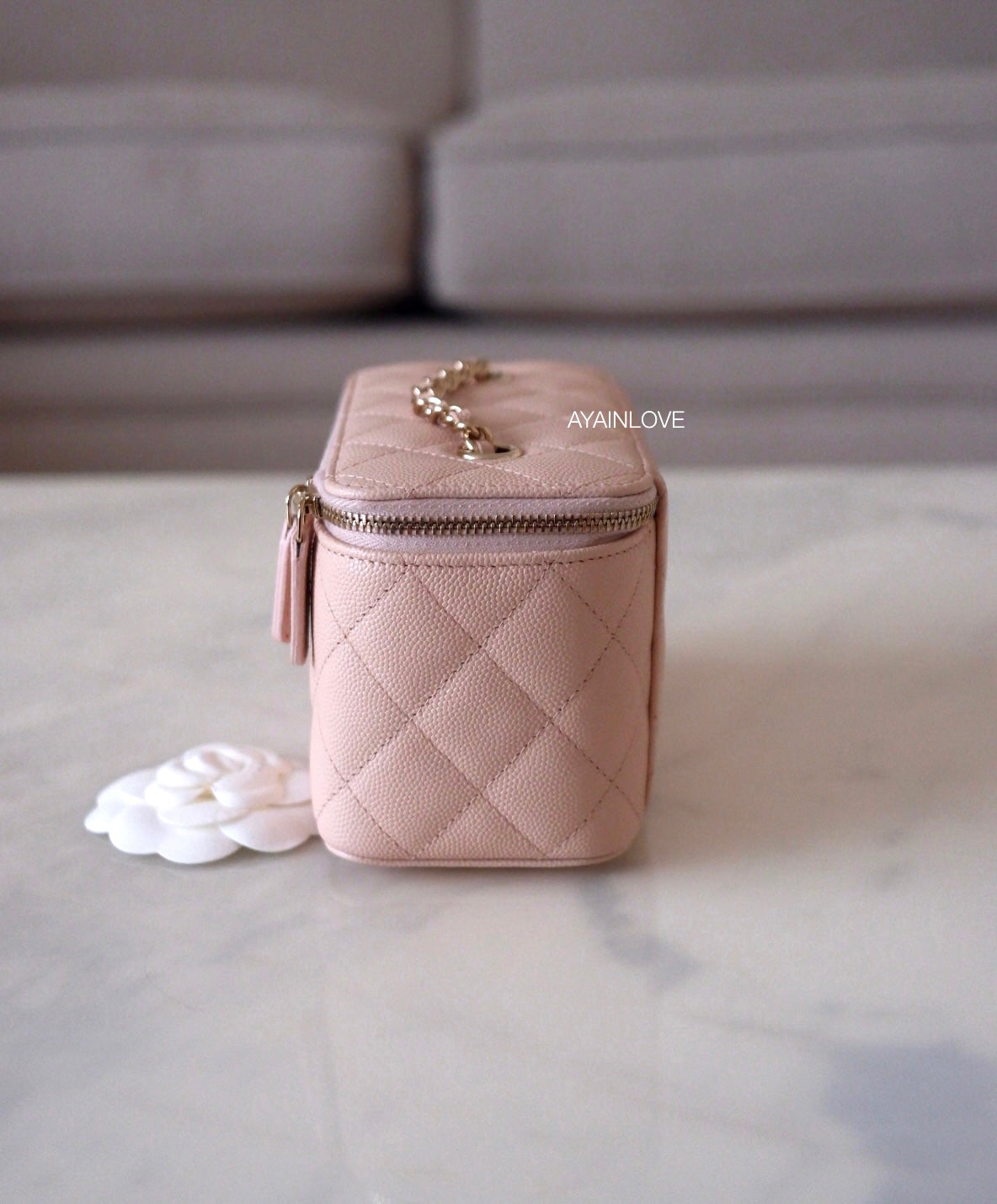 Chanel Peach Quilted Caviar Mini Vanity Case With Chain And Small