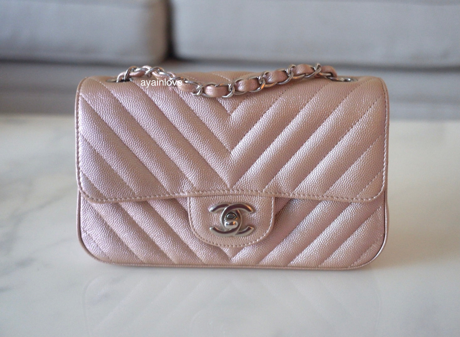 Chanel Iridescent Rose Gold Chevron Quilted Caviar Mini Flap