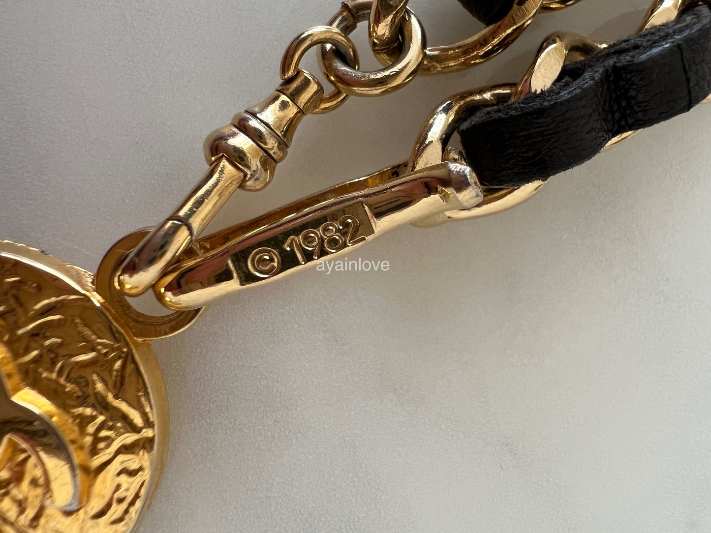 CHANEL gold tone CC interlock logo medallion coin black leather chain drop  belt
