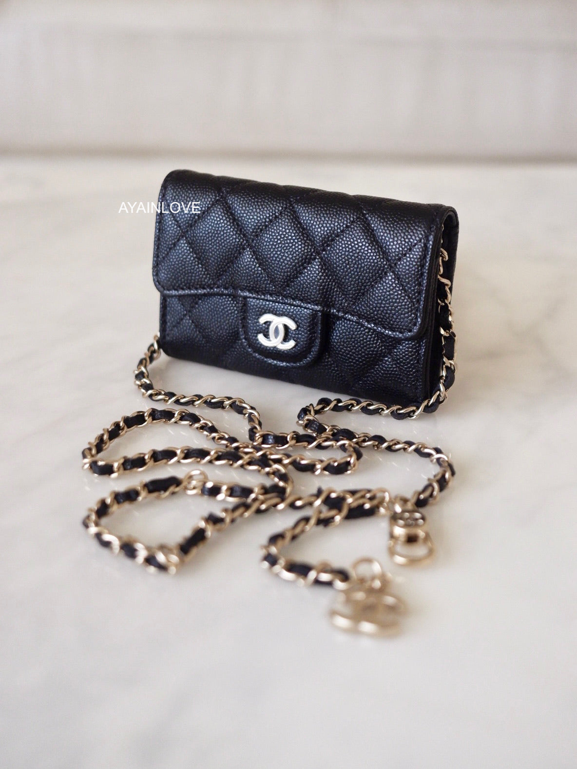 NIB 100%AUTH Chanel 22C Classic Black Caviar Card Holder Belt Bag Light  Gold HDW