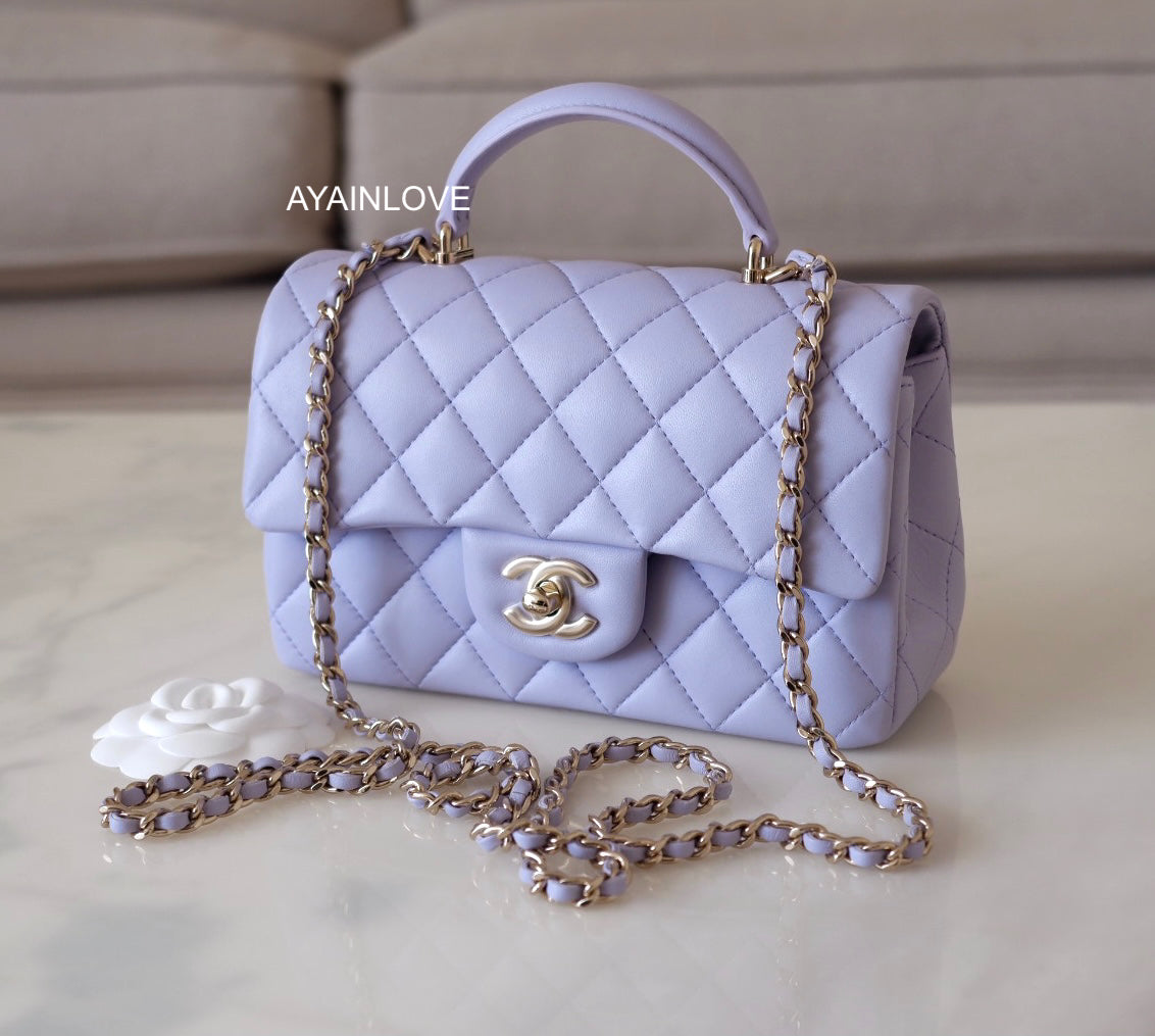 Light Blue Lambskin Quilted Mini Top Handle Light Gold Hardware