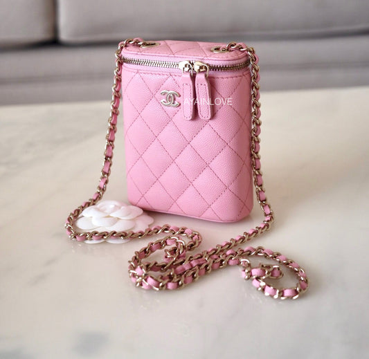 CHANEL 22C Sakura Pink Caviar Vertical Vanity on Chain Light Gold Hardware