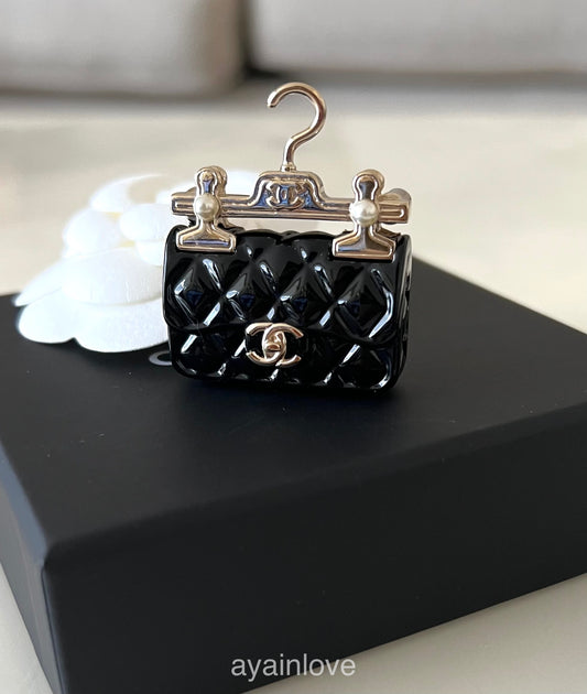 CHANEL 23C Resin Black Classic Flap Bag Brooch Light Gold Hardware