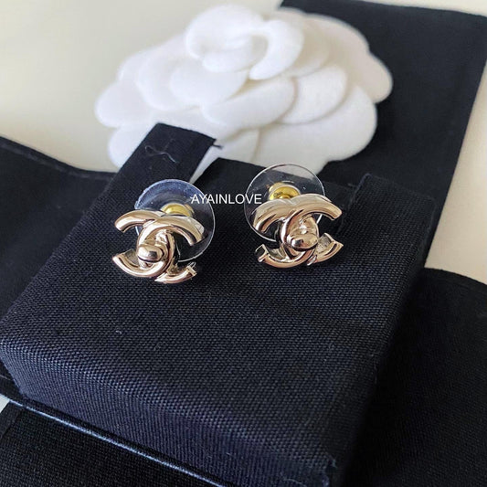 21S CC LOCK SMALL STUD EARRINGS LIGHT GOLD HARDWARE *NEW*