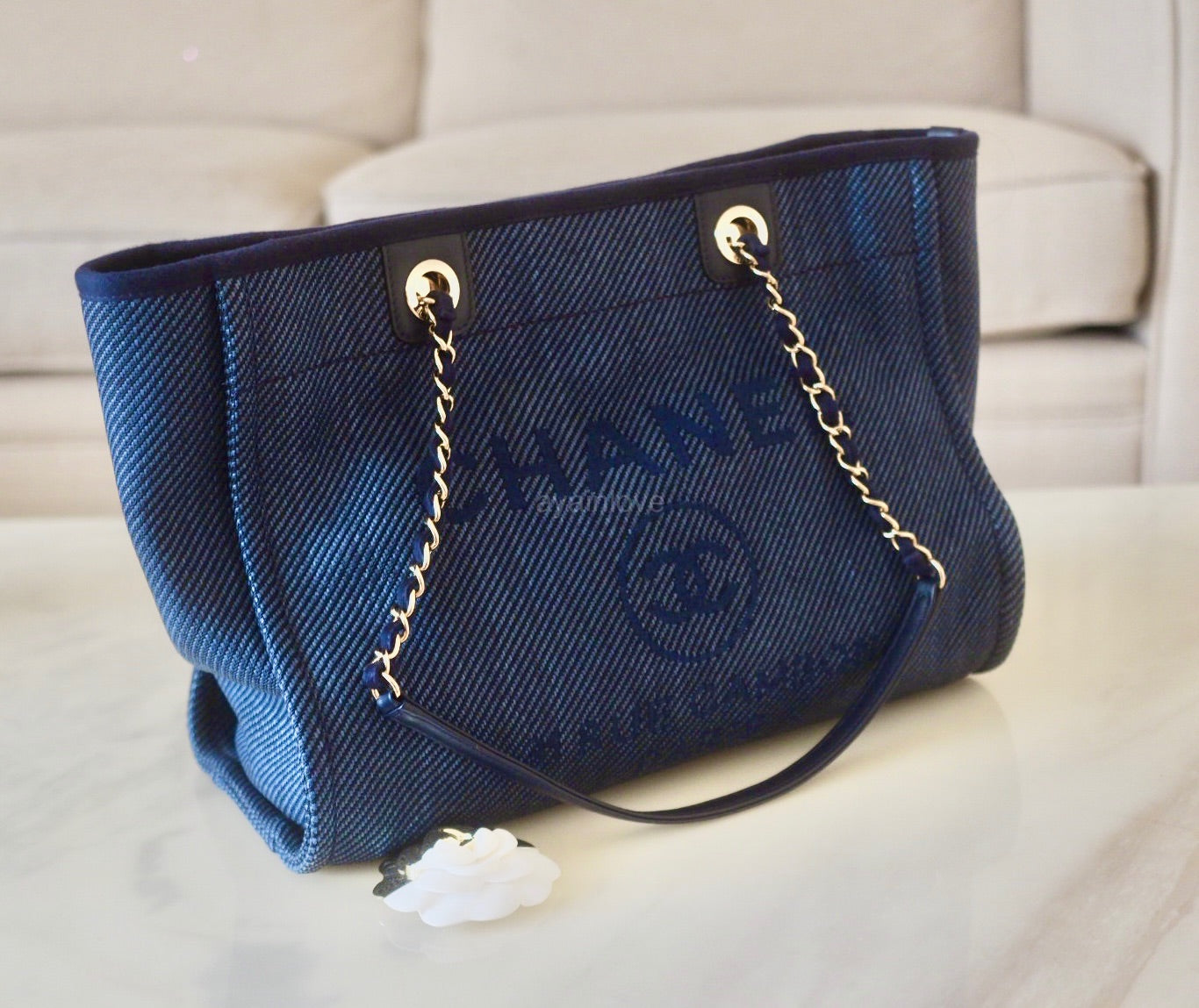 CHANEL Navy Blue Canvas Glitter Small Medium Deauville Tote Bag Light – AYAINLOVE  CURATED LUXURIES