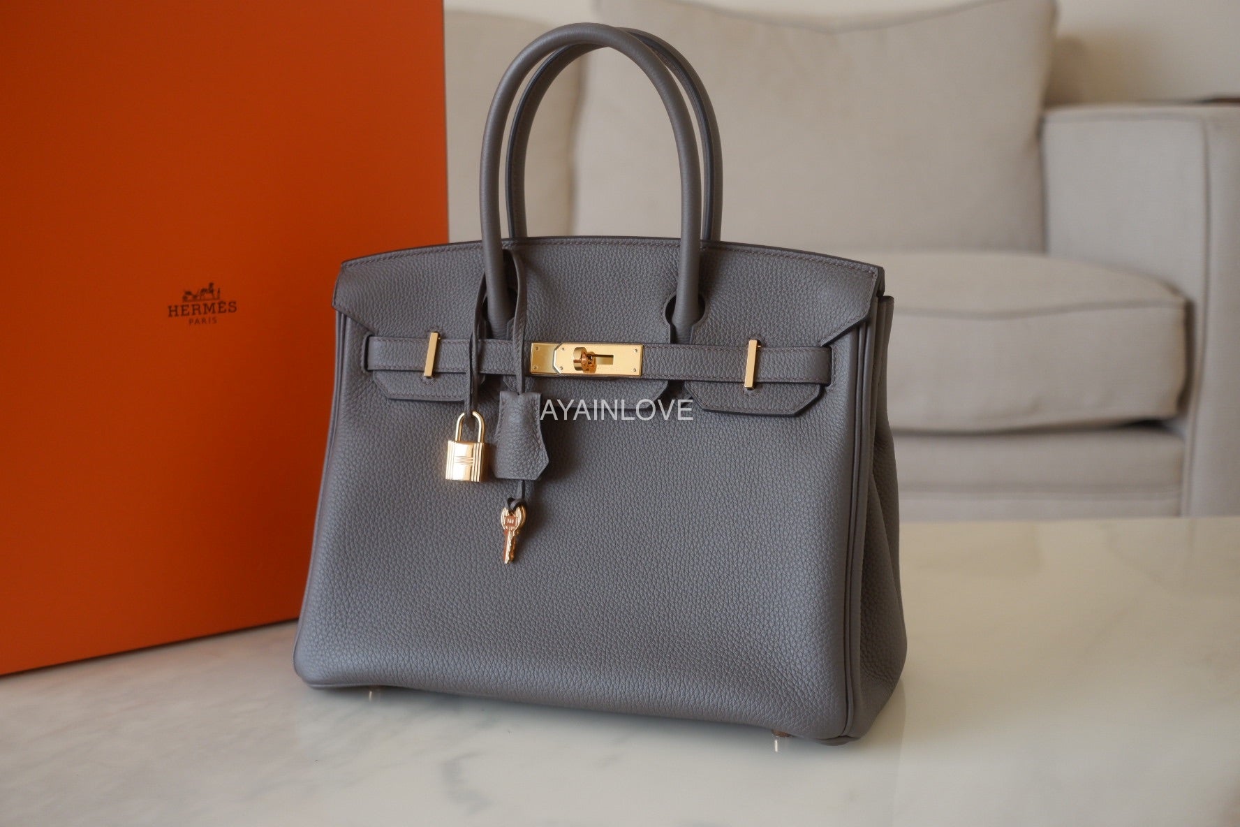 HERMES Birkin 30 Togo Gris Etain Bag Rose Gold Hardware D Stamp