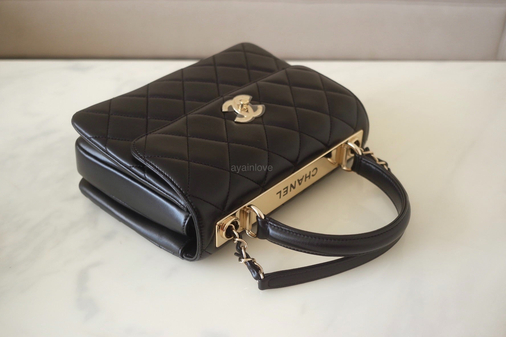 CHANEL Black Small Trendy Flap Bag Microchipped Light Gold Hardware –  AYAINLOVE CURATED LUXURIES