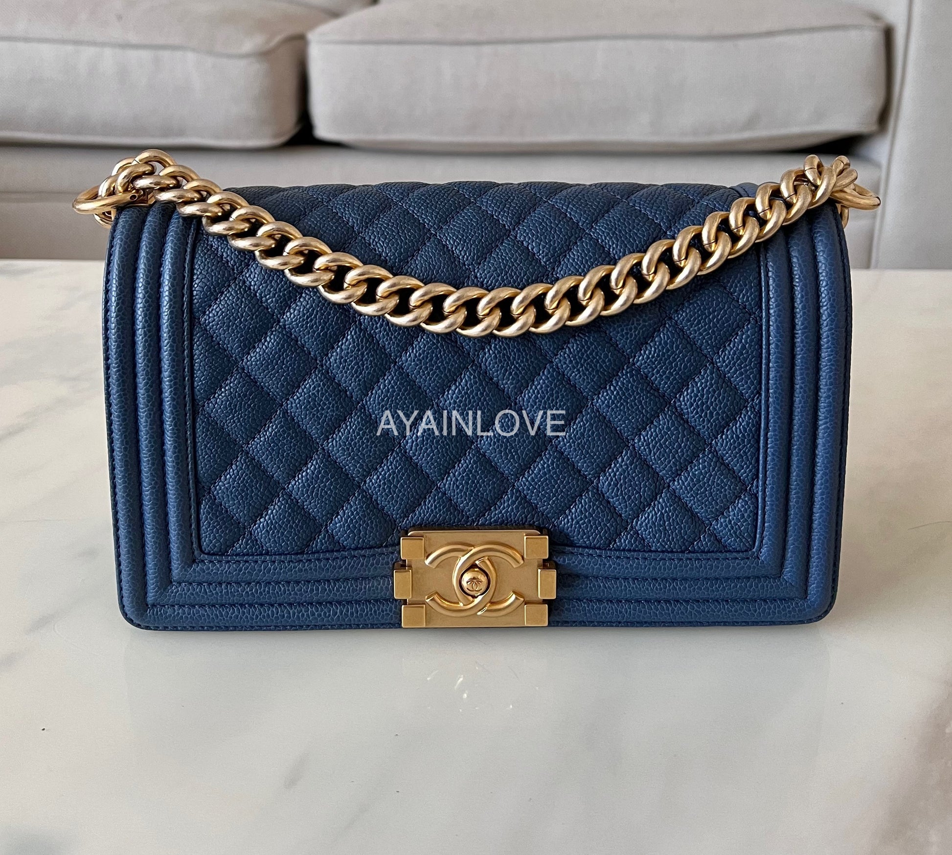 CHANEL Navy Blue Caviar Old Medium Boy Flap Bag Brushed Gold Hardware –  AYAINLOVE CURATED LUXURIES