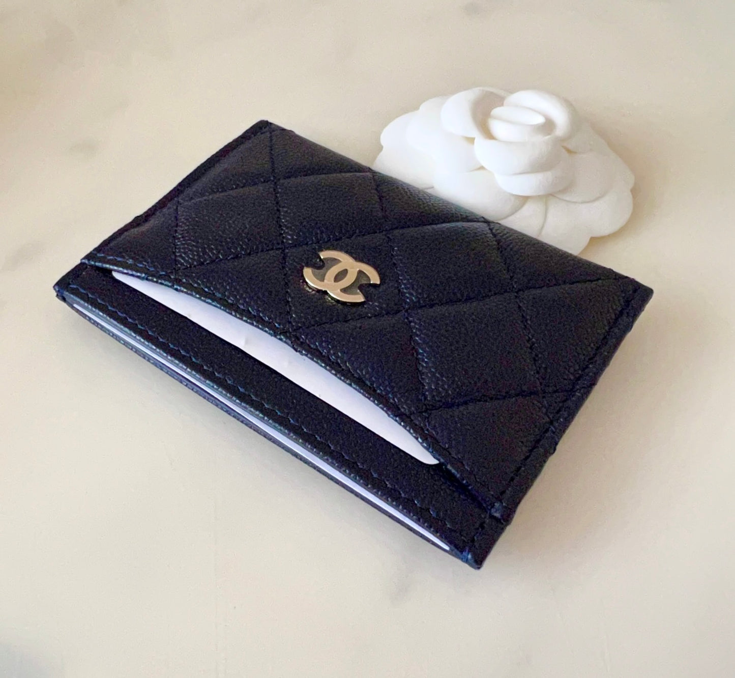 CHANEL 22A Navy Blue Caviar Flat Card Holder Light Gold Hardware –  AYAINLOVE CURATED LUXURIES