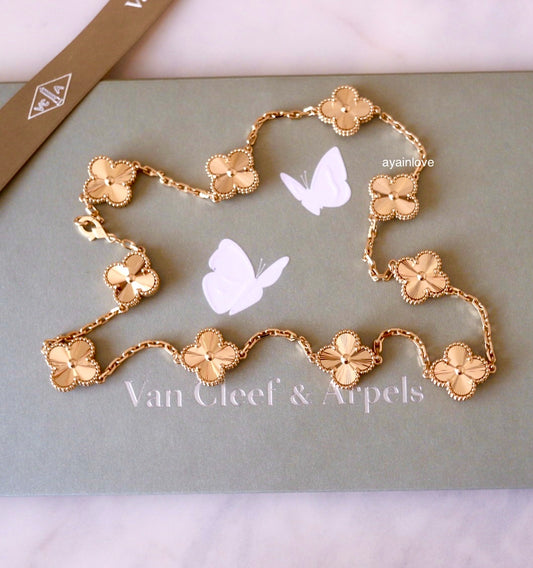 Van Cleef Arpels VCA 10 Motifs Necklace Guilloche 18KT Yellow Gold Vintage Alhambra