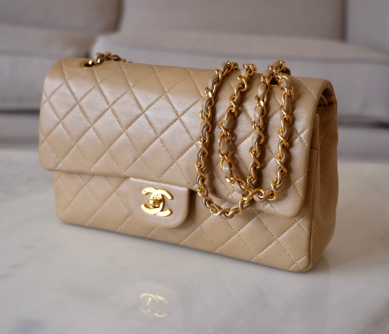 CHANEL, Bags, Chanel Square Mini Lambskin Classic Flap In Beige Ivory  Authentic