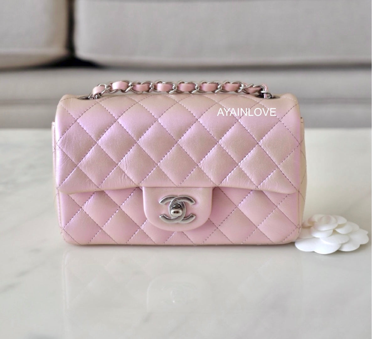21K CHANEL Classic Mini Flap Bag Iridescent Pink Calfskin Rectangular 2021  NWT