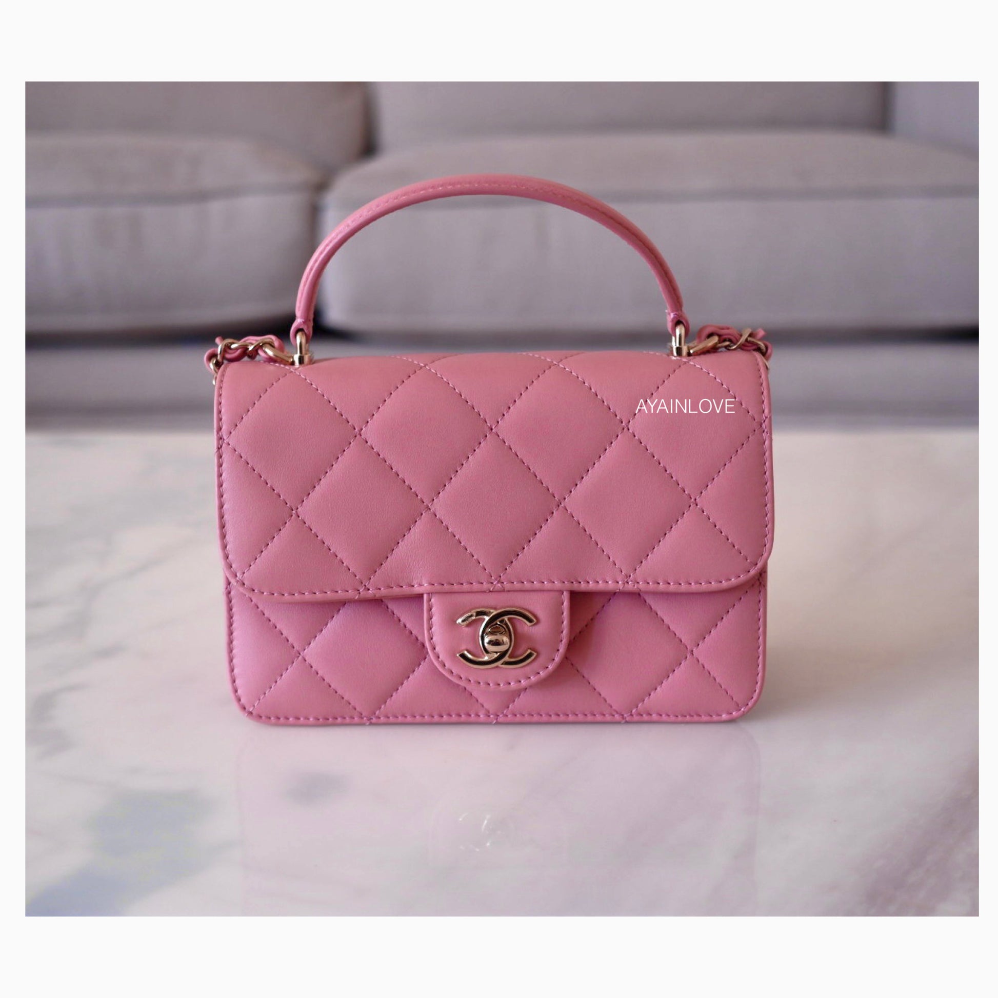Chanel Lambskin Quilted CC Pearl Crush Mini Rectangular Flap Dark Pink