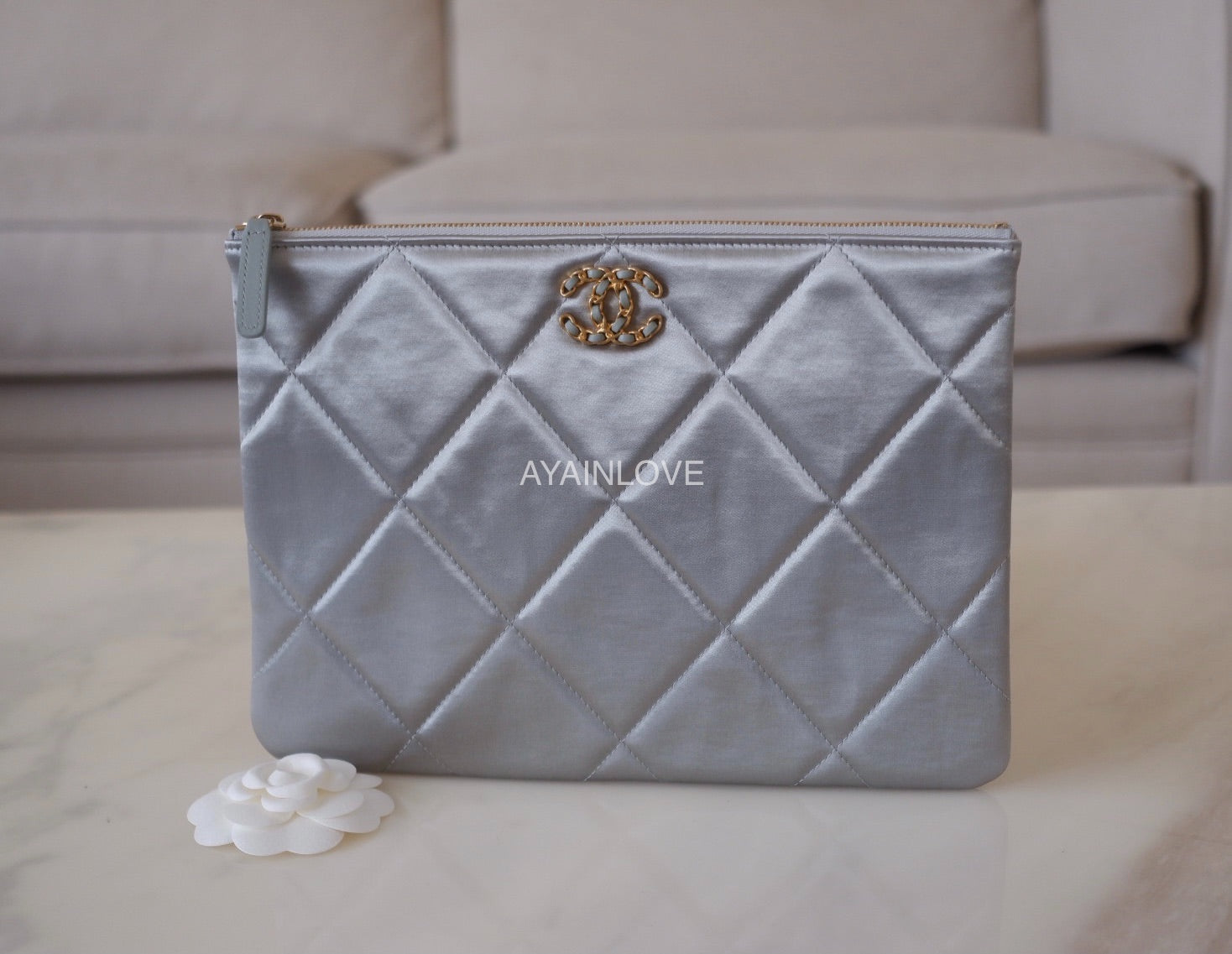 CHANEL 19 Silver Satin Medium O Case Gold Hardware