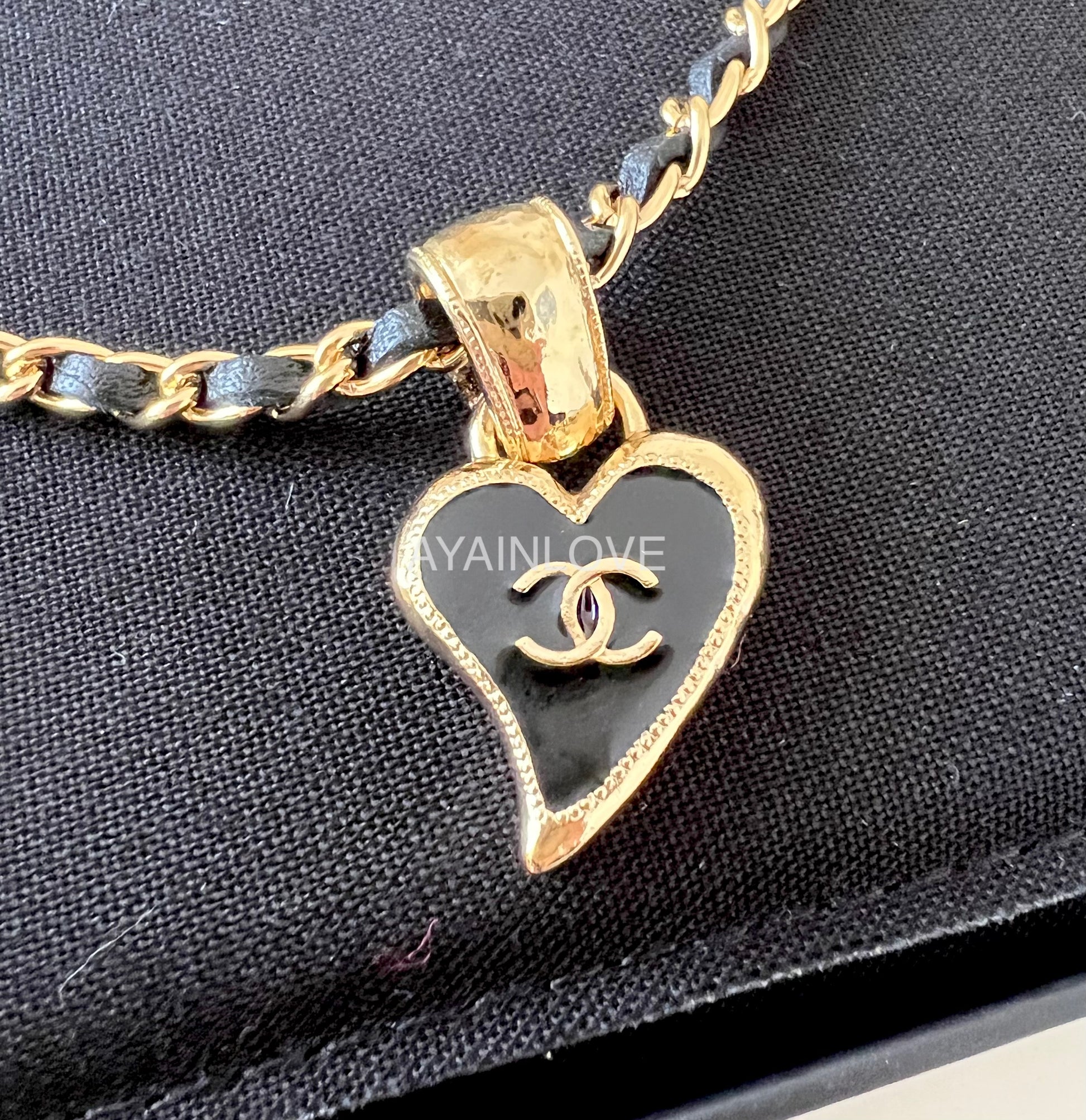 CHANEL 22P Heart CC Black Chain Leather Necklace Gold Hardware