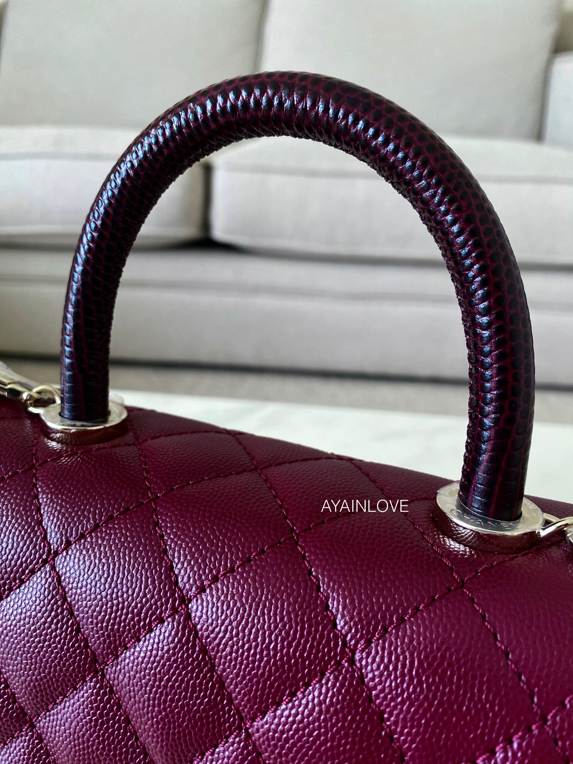 Chanel Beige/Maroon Caviar Leather and Lizard Medium Coco Top Handle Bag  Chanel