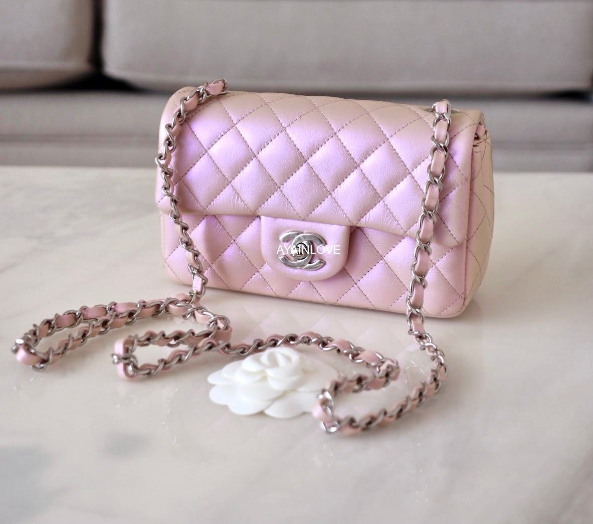 NWT🦄 CHANEL 21K Classic Mini Rectangular Flap Calfskin Iridescent Pink Bag  SHW
