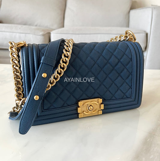 CHANEL Navy Blue Caviar Old Medium Boy Flap Bag Brushed Gold Hardware