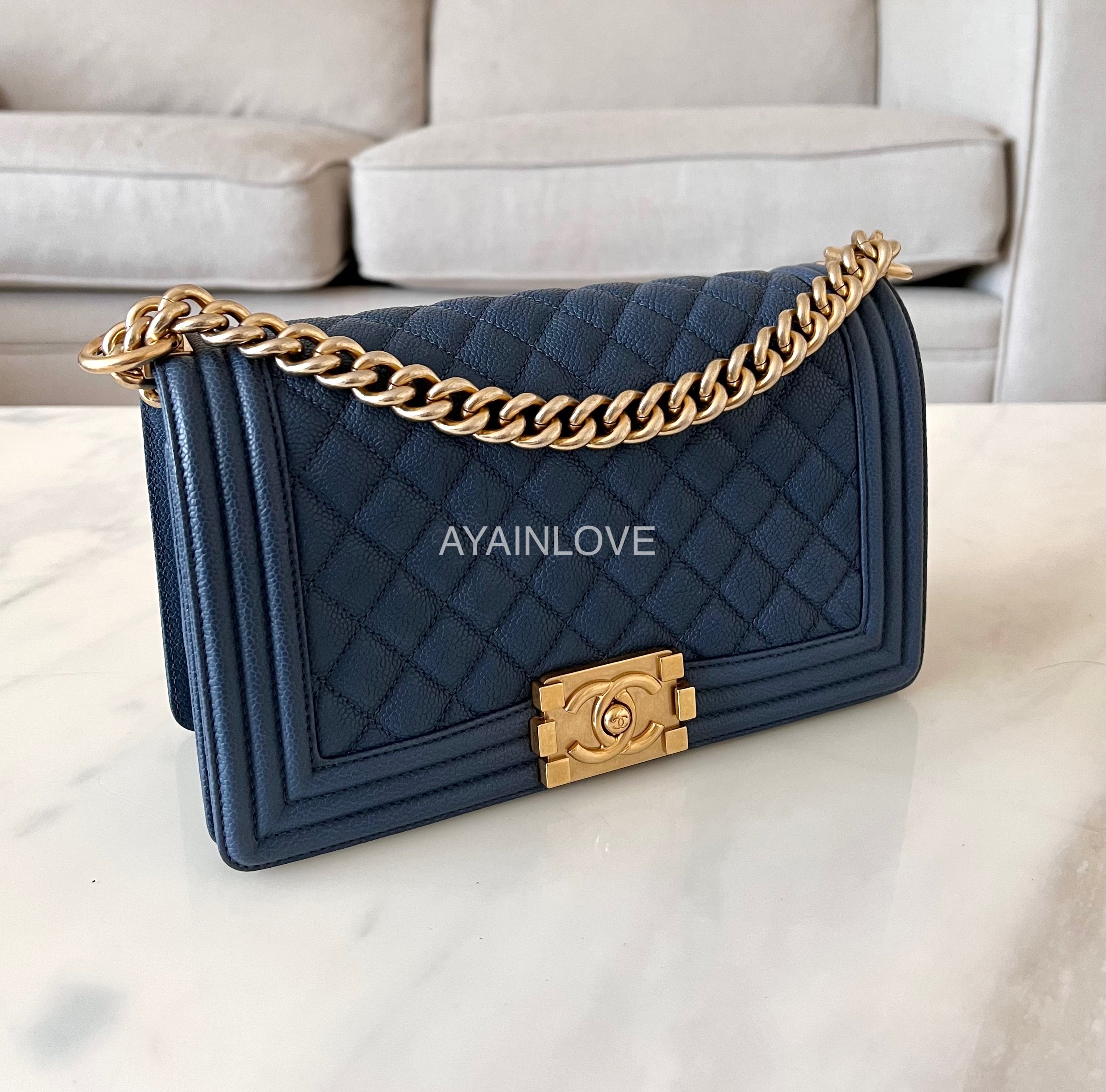 CHANEL Navy Blue Caviar Old Medium Boy Flap Bag Brushed Gold