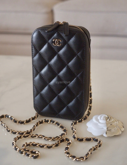 CHANEL Black Caviar Phone Holder Vertical Zip Clutch on Chain Gold Hardware